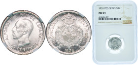 Spain Kingdom 1926 PCS 50 Centimos - Alfonso XIII (6th portrait) Silver (.835) Madrid Mint (4000000) 2.5g NGC MS 64 KM 741