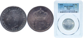 Spain Kingdom 1975 25 Pesetas - Juan Carlos I Copper-nickel Madrid Mint (136000000) 8.5g PCGS MS 65 Mint Error Rotated Dies 180º KM 808 Schön 41