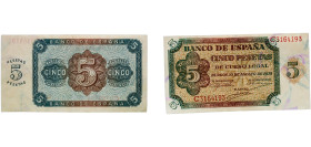 Spain Nationalist Government 1938 5 Pesetas Paper XF Doblez central P 110