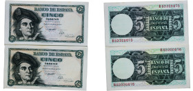 Spain Nationalist Government 1948 5 Pesetas (Lot with 2 Banknotes, Correlative) Paper UNC P 136