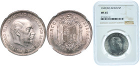 Spain Nationalist Government 1949 &#128972;19-50 5 Pesetas - Francisco Franco Nickel Madrid Mint (21000000) 15g NGC MS 65 KM 778