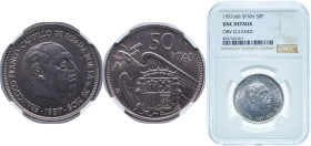 Spain Nationalist Government 1957 &#128972;68 50 Pesetas - Francisco Franco (Very Rare) Copper-nickel Madrid Mint (1000) 12.5g NGC UNC Cleaned KM 788 ...