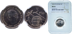 Spain Nationalist Government 1957 &#128972;73 5 Pesetas - Francisco Franco Copper-nickel Madrid Mint (78000000) 5.75g NGC MS 65 KM 786