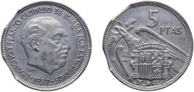 Spain Nationalist Government 1957 &#128972;75 5 Pesetas - Francisco Franco Copper-nickel Madrid Mint (139047000) 5.64g UNC Mint Error KM 786