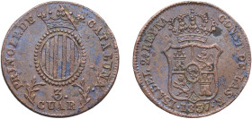Spain Principality of Catalonia Spanish states 1837 3 Cuartos (3 CUAR) Copper La Seca Mimt 6.57g AU KM 126