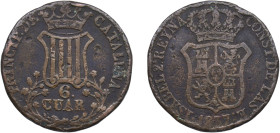 Spain Principality of Catalonia Spanish states 1837 6 Cuartos (6 CUAR) Copper La Seca Mimt 13.52g VF Rim Damage KM 128