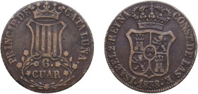 Spain Principality of Catalonia Spanish states 1838 6 Cuartos (6 CUAR) Copper La Seca Mimt 15.25g VF KM 128