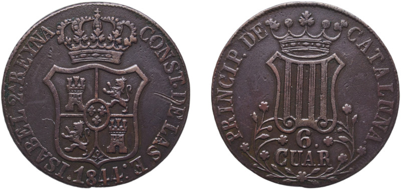 Spain Principality of Catalonia Spanish states 1844 6 Cuartos (6 CUAR) Copper La...