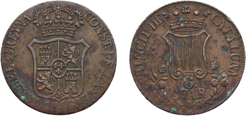 Spain Principality of Catalonia Spanish states 1846 6 Cuartos (6 CUAR) Copper La...