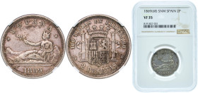 Spain Provisional Government 1869 &#128972;18-68 SNM 2 Pesetas Silver (.835) Madrid Mint 10g NGC VF 35 KM 654