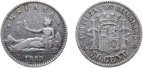 Spain Provisional Government 1869 &#128972;6-9 50 Centimos Silver (.835) Madrid Mint (452726) 2.46g VF KM 651