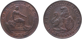 Spain Provisional Government 1870 OM 5 Centimos - Provisional Government Bronze La Seca Mimt (287381000) 4.7g VF KM 662 Cal 25