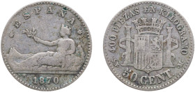 Spain Provisional Government 1870 &#128972;?-0 SNM 50 Centimos Silver (.835) Madrid Mint (538808) 2.4g VF KM 651