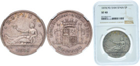 Spain Provisional Government 1870 &#128972;18-70 SNM 5 Pesetas Silver (.900) Madrid Mint (5923455) 25g NGC XF 40 KM 655