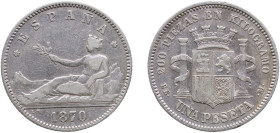Spain Provisional Government 1870 &#128972;18-73 DEM 1 Peseta Silver (.835) Madrid Mint (5164997) 4.87g XF KM 653
