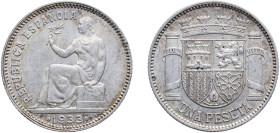 Spain Second Republic 1933 &#128972;3-4 1 Peseta Silver (.835) Madrid Mint (2000000) 4.92g UNC KM 750