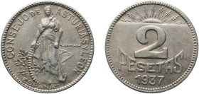 Spain Second Republic 1937 2 Pesetas (Asturias and León) Copper-nickel (400000) 8.14g UNC KM 3
