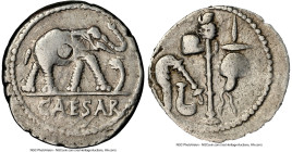 Julius Caesar, as Dictator (49-44 BC). AR denarius (18mm, 3.91 gm, 10h). NGC Choice Fine 4/5 - 2/5, bankers mark, scratch. Military mint traveling wit...