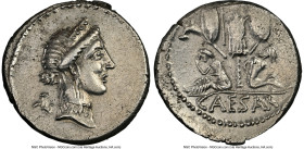 Julius Caesar, as Dictator (49-44 BC). AR denarius (18mm, 3.64 gm, 5h). NGC Choice XF 4/5 - 3/5, brushed. Military mint traveling with Caesar in Spain...