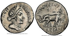 Augustus (27 BC-AD 14). AR denarius (19mm, 3.67 gm, 5h). NGC Choice XF 3/5 - 2/5, brushed, scuffs. Rome, ca. 19-18 BC. P•PETRON•-TVRPILIANVS•III VIR• ...
