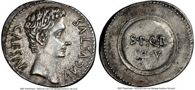 Augustus (27 BC-AD 14). AR denarius (21mm, 3.76 gm, 6h). NGC XF 4/5 - 3/5, light marks. Spain, Caesaraugusta, 19-18 BC. CAESAR-AVGVSTVS, bare head of ...