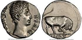 Augustus (27 BC-AD 14). AR denarius (18mm, 3.86 gm, 7h). NGC AU 4/5 - 3/5, brushed. Lugdunum, ca. 15-13 BC. AVGVSTVS-DIVI•F, bare head of Augustus rig...