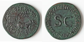 Julia Augusta (Livia), wife of Augustus. AE sestertius (35mm, 27.09 gm, 8h). VF, altered surface. Rome, AD 22-23. S•P•Q•R• / IVLIAE / AVGVST, decorate...