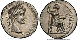 Tiberius, as Augustus (AD 14-37). AR denarius (18mm, 3.80 gm, 2h). NGC AU 4/5 - 3/5, brushed. Lugdunum, ca. AD 18-35. TI CAESAR DIVI-AVG F AVGVSTVS, l...