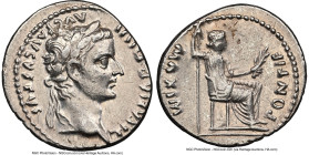 Tiberius, as Augustus (AD 14-37). AR denarius (19mm, 3.76 gm, 10h). NGC Choice XF 4/5 - 4/5, flan flaw. Lugdunum, ca. AD 15-18. TI CAESAR DIVI-AVG F A...