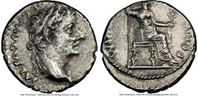 Tiberius, as Augustus (AD 14-37). AR denarius (16mm, 3.59 gm, 11h). NGC Choice XF 2/5 - 2/5, brushed. Lugdunum, ca. AD 18-35. TI CAESAR DIVI-AVG F AVG...