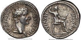 Tiberius, as Augustus (AD 14-37). AR denarius (18mm, 3.70 gm, 2h). NGC Choice VF 5/5 - 2/5, scratches. Lugdunum, ca. AD 18-35. TI CAESAR DIVI-AVG F AV...