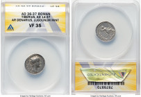 Tiberius, as Augustus (AD 14-37). AR denarius (18mm, 4h). ANACS VF 35, countermark. Lugdunum, ca. AD 18-35. TI CAESAR DIVI-AVG F AVGVSTVS, laureate he...