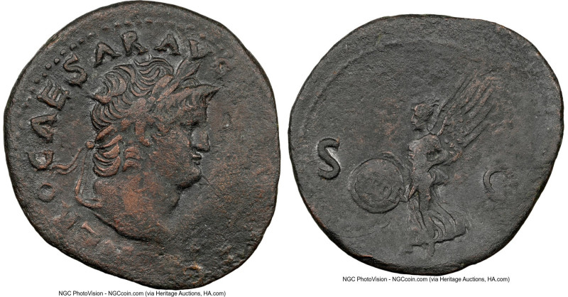 Nero, as Augustus (AD 54-68). AE as (30mm, 4h). NGC VF. Lugdunum, AD 66. IMP NER...