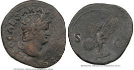 Nero, as Augustus (AD 54-68). AE as (30mm, 4h). NGC VF. Lugdunum, AD 66. IMP NERO CAESAR AVG P MAX TR P P P, bare head of Nero right, globe at point o...