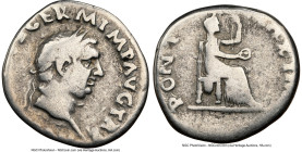 Vitellius (late April-20 December AD 69). AR denarius (17mm, 3.04 gm, 5h). NGC VG 4/5 - 4/5. Rome. A VITELLIVS GERM IMP AVG TR P, laureate head of Vit...