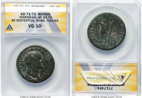Vespasian (AD 69-79). AE sestertius (32mm, 7h). ANACS VG 10. Rome, AD 71. IMP CAES VESPASIAN AVG P M TR P P P COS III, laureate head of Vespasian righ...