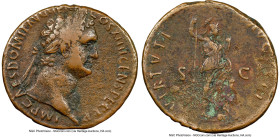 Domitian, as Augustus (AD 81-96). AE as (29mm, 5h). NGC Choice Fine. Rome, AD 86-87. IMP CAES DOMIT AVG GERM COS XIII CENS PER P P, laureate head of D...