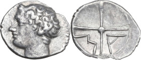 Celtic World. Gaul, Massalia. AR Obol, c. 100-50 BC. Obv. Bare head of Apollo left. Rev. M A within wheel of four spokes. Depeyrot, Marseille 31. AR. ...
