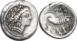 Celtic World. Southern Gaul, Insubres. AR Drachm, imitating Massalia. 2nd century BC. Obv. Head of nymph right. Rev. Lion right; above, pseudo-legend....