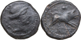 Greek Italy. Central and Southern Campania, Capua. AE Uncia, c. 216-210 BC. Obv. Head of Diana right. Rev. KAPU in Oscan letters. Boar charging right;...