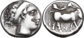 Greek Italy. Central and Southern Campania, Neapolis. AR Nomos, c. 350-330 BC. Obv. Head of nymph Parthenope right, wearing broad headband, earring an...
