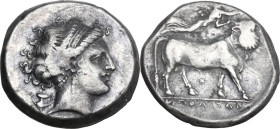 Greek Italy. Central and Southern Campania, Neapolis. AR Didrachm, c. 300-275 BC. Obv. Head of nymph right, hair in band; kantharos behind neck, [XAPI...