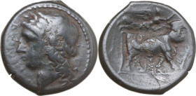 Greek Italy. Central and Southern Campania, Neapolis. AE 20 mm, 275-250 BC. Obv. Laureate head of Apollo left. Rev. Man-headed bull right; above, Nike...