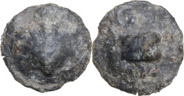 Greek Italy. Northern Apulia, Luceria. Light series. AE Cast Biunx, c. 217-212 BC. Obv. Scallop shell. Rev. Knucklebone; above, two pellets; below, L....