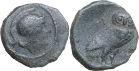 Greek Italy. Northern Apulia, Teate. AE 21 mm, c. 275-225 BC. Obv. Head of Athena right, wearing crested Corinthian helmet. Rev. TI-ATI. Owl standing ...
