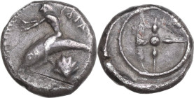 Greek Italy. Southern Apulia, Tarentum. AR Nomos, 480-470 BC. Obv. TAPA (P retrograde). Phalanthos riding on dolphin left, hands raised in front; belo...