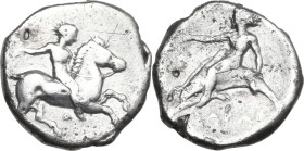 Greek Italy. Southern Apulia, Tarentum. AR Nomos, c. 380-340 BC. Obv. Youth on horse galloping right; below, Δ. Rev. TAPAΣ. Phalanthos riding on dolph...