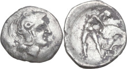 Greek Italy. Southern Apulia, Tarentum. AR Diobol, 380-325 BC. Obv. Head of Athena right, wearing helmet decorated with hippocamp. Rev. Herakles stand...