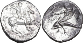 Greek Italy. Southern Apulia, Tarentum. AR Nomos, c. 280-272 BC. Time of Pyrrhos of Epiros. Gu-, Sostratos, and Poly-, magistrates. Obv. Warrior on ho...