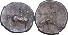 Greek Italy. Southern Apulia, Tarentum. AR Nomos, c. 280-272 BC. Obv. Youth on horseback right, crowing horse; to left, crowning Nike flying right abo...